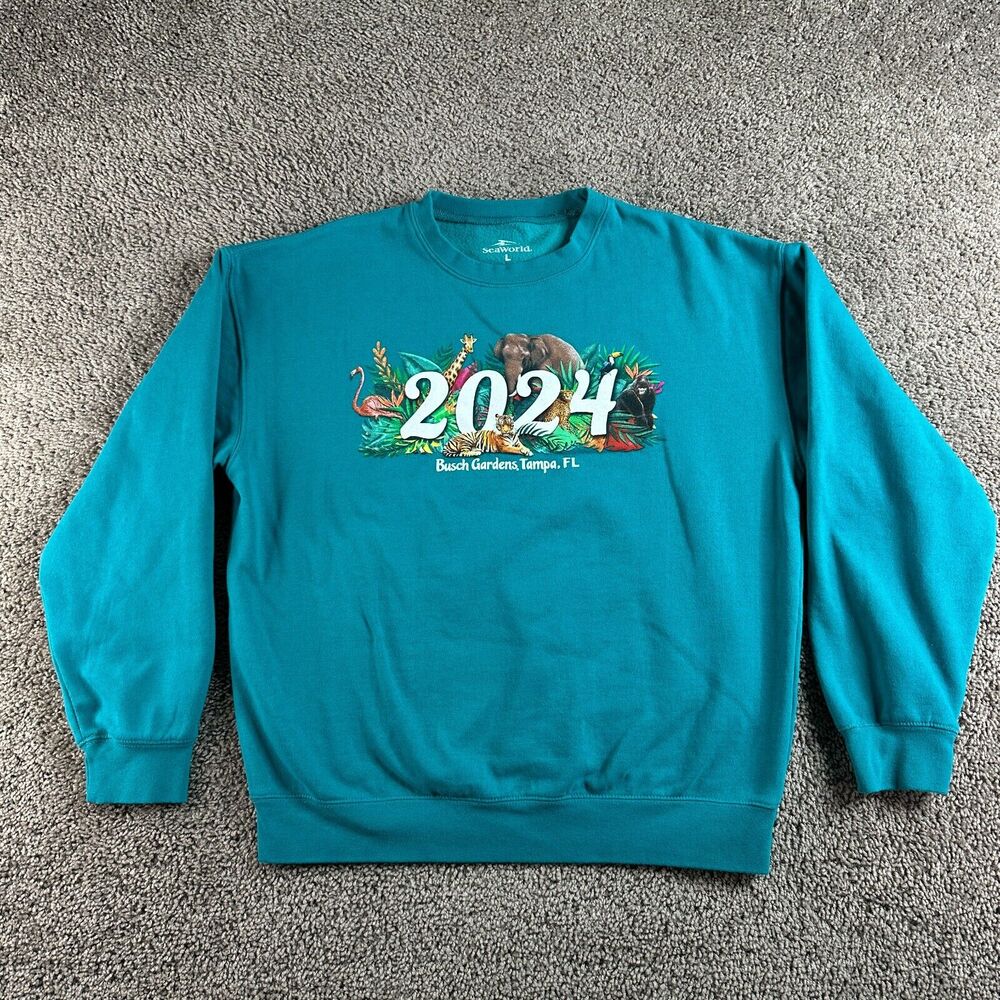 Busch Gardens Sweatshirt Mens Large Blue Green 2024 Wildlife Animals Crewneck